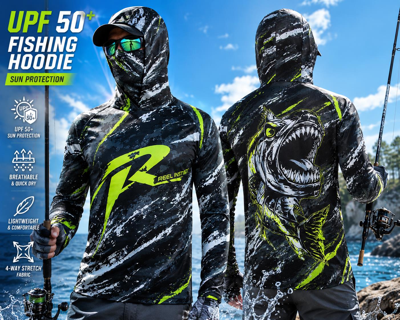 Fishing Mask Sun Protection - Outdoor-Sonnenschutz-Langarm-Angeloberteil mit Nackenmaske, bedruckt, Unisex, mit