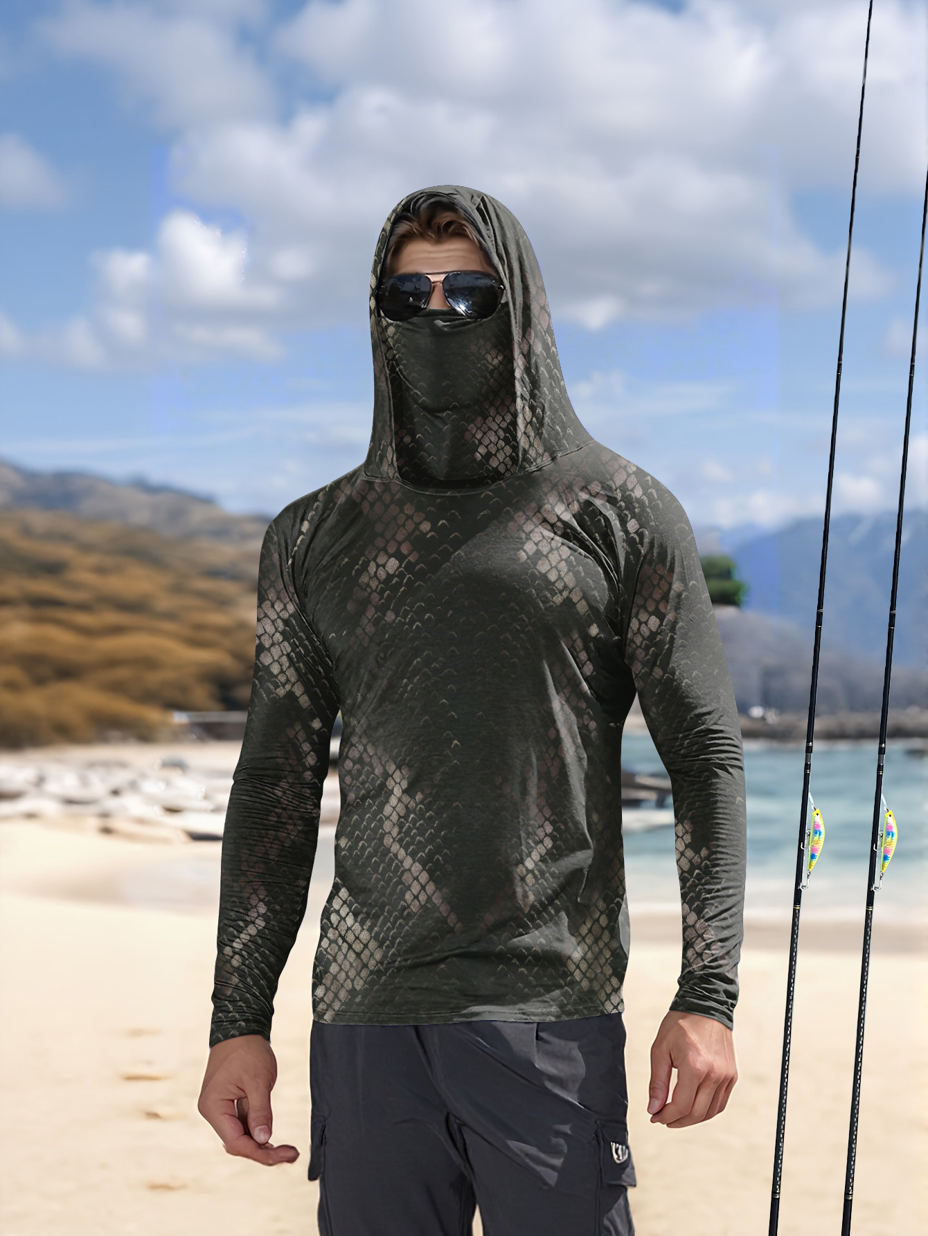 Fishing Shirt Uv Protection - Herren Angelhemd mit Kapuze, Langarm, Tarnmuster,