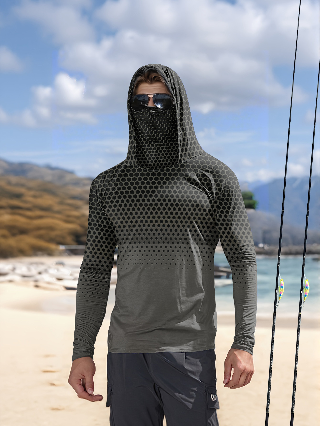 Graues, farbverlaufendes Waben – Fishing Hoodie Bewertung und Preis